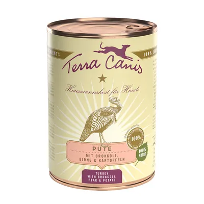 Terra Canis Hausmannskost for dogs, turkey with broccoli, pear & potatoes. 100% natural, gluten-free, food grade.