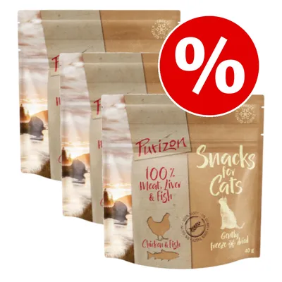 Purizon Snacks for Cats, 100 % Meat, Liver & Fish, Chicken & Fish, Gently freeze-dried, 40 g. Rød procenttegn indikerer tilbud eller rabat.