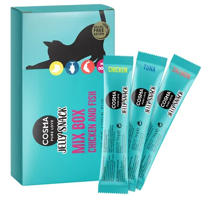 Cosma Jelly Snack Mix Box Chicken and Fish, caja azul con sobres individuales de pollo, atún y salmón. Texto visible: 'Grain Free Recipe', cada sobre contiene 14 g.