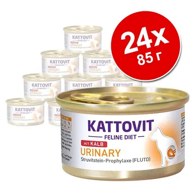 Kattovit Feline Diet Urinary с телешко, 24 консерви по 85 г. Видими надписи: MIT KALB, URINARY, Struvitstein-Prophylaxe (FLUTD). Kattovit Feline Diet Urinary с телешко, 24 консерви по 85 г. Видими надписи: MIT KALB, URINARY, Struvitstein-Prophylaxe (FLUTD).
