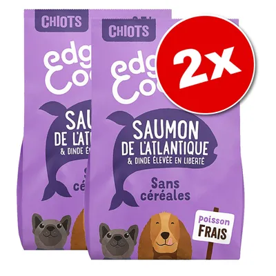 2 sacs edge Cook CHIOTS Saumon de l’Atlantique & dinde élevée en liberté, sans céréales, poisson frais. Texte visible : 2x, poches violettes avec illustrations de chiens.