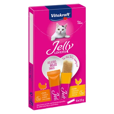 Vitakraft Jelly Lovers snack cu jeleu pentru pisici, fără cereale, fără coloranți și conservanți, sortimente: curcan și pui, pachet 6x15g.