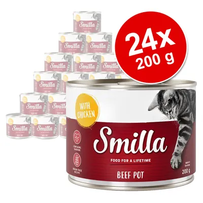 Pack de 24 latas de 200 g de comida para gatos Smilla Beef Pot with Chicken. Texto visible: contains taurine, grain-free recipe, food for a lifetime, made in Germany.