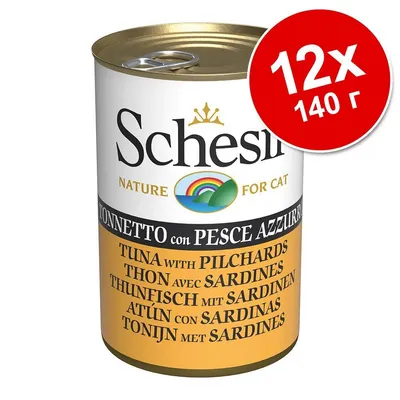 Schesir Nature for Cat, консерва с риба тон и сардини, 12×140 г. Видим текст: TUNA WITH PILCHARDS, THON AVEC SARDINES, THUNFISCH MIT SARDINEN, ATÚN CON SARDINAS, TONIJN MET SARDINES.