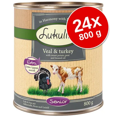 Lukullus Veal & turkey, Senior, 24x800 g. Sestavine: teletina in puran, sladki krompir, hruška, olje iz lanenih semen, školjka zelenousta. Besedilo v angleščini in nemščini.