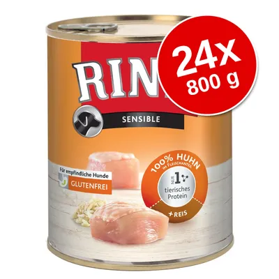 Conservă Rinti Sensible, 100% Huhn, glutenfrei, pentru câini sensibili, 24x800 g, cu text vizibil: 1% tierisches Protein, +Reis. Conservă Rinti Sensible, 100% Huhn, glutenfrei, pentru câini sensibili, 24x800 g, cu text vizibil: 1% tierisches Protein, +Reis.