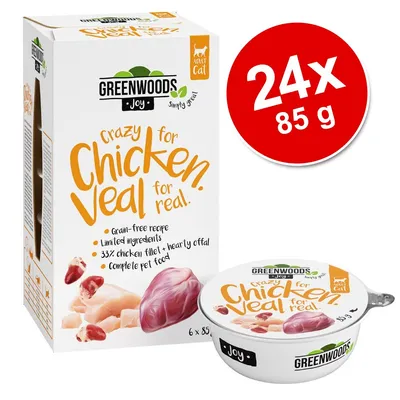 Greenwoods Joy Crazy for Chicken Veal for real. 24x85 g, recette sans céréales, ingrédients limités, 33 % filet de poulet et abats, aliment complet pour chat adulte, visible sur l’emballage.