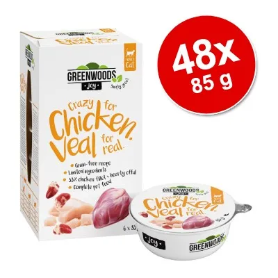 GREENWOODS Joy Crazy for Chicken Veal for real. 48 x 85 g, recette sans céréales, ingrédients limités, 33 % poulet/veau et abats, aliment complet pour chat. Texte en anglais. GREENWOODS Joy Crazy for Chicken Veal for real. 48 x 85 g, recette sans céréales, ingrédients limités, 33 % poulet/veau et abats, aliment complet pour chat. Texte en anglais.