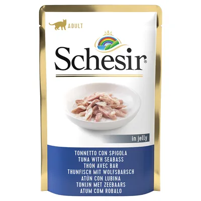 Schesir Adult tunfisk med havbars i gelé. Emballagen viser billede af fiskestykker i hvid skål.