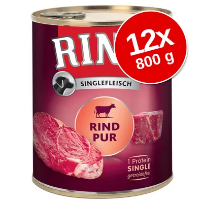Conservă Rinti Singlefleisch Rind Pur, 12 x 800 g, carne de vită, 1 Protein Single, getreidefrei. Etichetă cu imagine carne și simbol vacă.