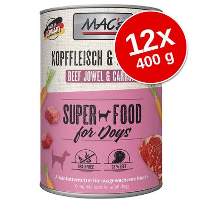 MAC's Super Food for Dogs, Beef Jowel & Carrot, 12x400 g. Fără cereale, 93% vită. Made in Germany. Text în engleză și germană pe ambalaj.