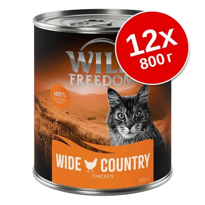 Консерва Wild Freedom Wide Country Chicken за котки, 800 г. Надпис: 12×800 г. Видим текст: 100% grain-free recipe.