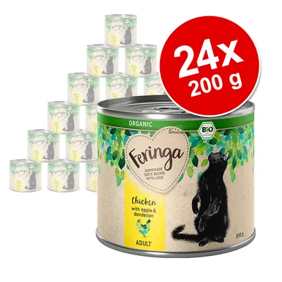 Lot de 24 boîtes Feringa Organic, 200 g chacune, saveur Chicken with apple & dandelion, ADULT. Texte visible : BIO, HOMEMADE TASTE BEGINS WITH LOVE.
