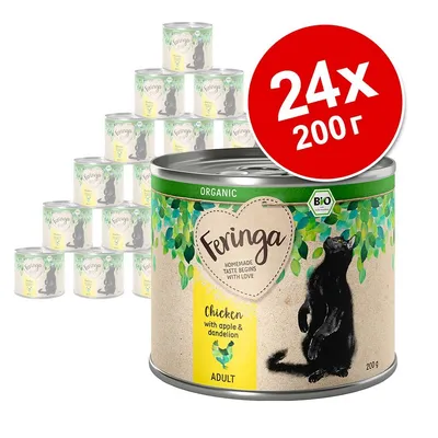 Feringa Chicken with apple & dandelion, BIO, 24×200 г консерви за котки. Надпис: ORGANIC, ADULT. Изображение на черна котка върху опаковката.
