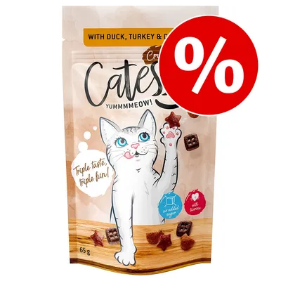 Pachet Catisfactions cu rață, curcan și găină, 65 g. Text vizibil: Triple taste, triple fun!, no added sugar, with taurine. Simbol promoțional procent roșu.
