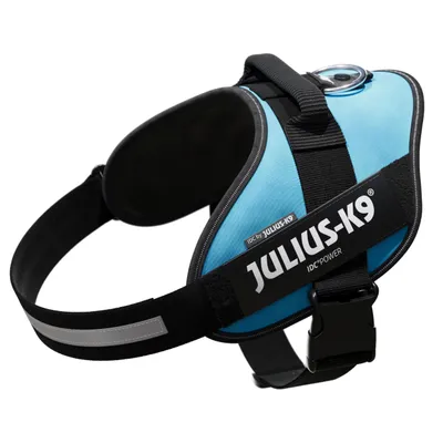 Pettorina per cani Julius-K9 IDC Power con scritta visibile 'JULIUS-K9 IDC POWER', fibbia in plastica nera e dettagli in tessuto nero.