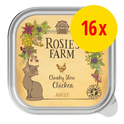 Rosie’s Farm Chunky Stew Chicken ADULT, lot de 16 barquettes, recette sans céréales, illustration de chat et poule visibles sur l’emballage.