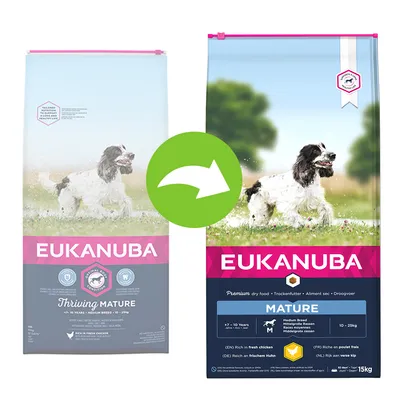 Zmiana opakowania karmy Eukanuba Mature dla psów średnich ras 10–25 kg, widoczne dwa różne wzory z nazwą marki i informacją o wieku 7–10 lat oraz masie psa. Zmiana opakowania karmy Eukanuba Mature dla psów średnich ras 10–25 kg, widoczne dwa różne wzory z nazwą marki i informacją o wieku 7–10 lat oraz masie psa.