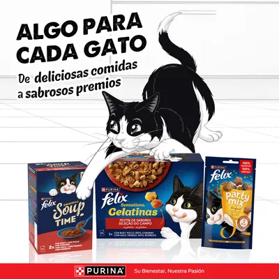 Purina Felix comida y snacks para gatos: Soup Time, Sensations Gelatinas, Party Mix. Texto: 'Algo para cada gato. Desde deliciosas comidas hasta sabrosos premios.' Purina Felix comida y snacks para gatos: Soup Time, Sensations Gelatinas, Party Mix. Texto: 'Algo para cada gato. Desde deliciosas comidas hasta sabrosos premios.'