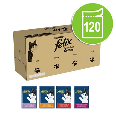 Purina Felix Sensations Gelees, 120 portiezakjes, varianten: lam, kip, rund, eend. Vier verschillende jelly-zakjes afgebeeld.