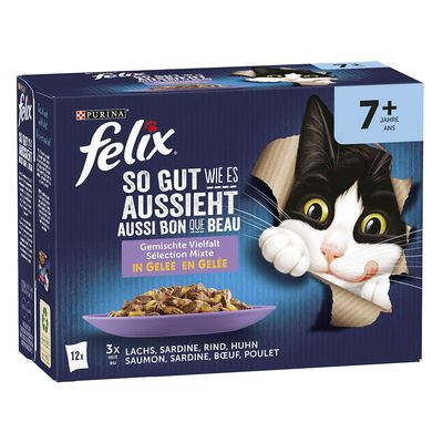 Felix Fantastic Senior en gelatina 12 x 85: pollo, vacuno, salmón y sardinas