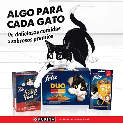 PURINA felix Soup Time, DUO y pack mixto Party Mix comida para gatos. Algo para cada gato. Desde deliciosas comidas hasta sabrosos premios.