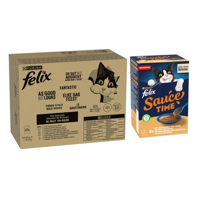 Purina Felix Dupla Finomság Duo Countryside Selection aszpikban, 120x85 g, 100%-ban teljes értékű és kiegyensúlyozott, omega-6 zsírsavakat és vitaminokat tartalmaz. Csomagoláson macska látható.