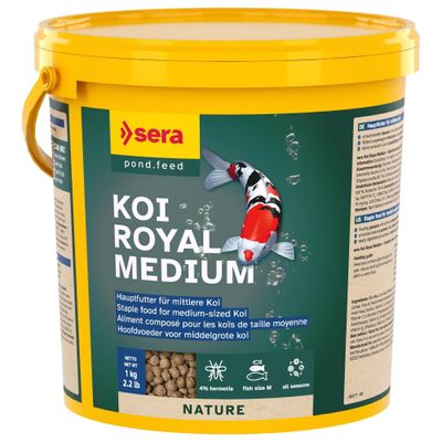 Sera Koi Royal Nature mangime principale per koi, medio, 1kg. Favorisce la crescita, senza coloranti né conservanti, pellet da 4mm.