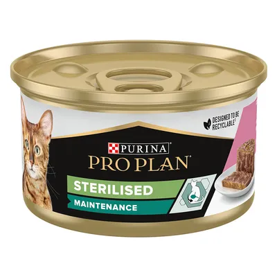 Purina Pro Plan Sterilised Maintenance wet food for cats, designed to be recyclable, image of meat pieces and cat on packaging.