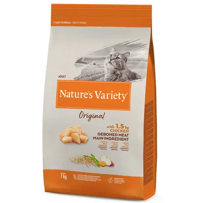 Nature's Variety Original, 7 кг. Съдържа 1,5 кг пилешко месо без кости като основна съставка. Изображения на парчета месо, зърнени храни и зеленчуци. За възрастни котки. Nature's Variety Original, 7 кг. Съдържа 1,5 кг пилешко месо без кости като основна съставка. Изображения на парчета месо, зърнени храни и зеленчуци. За възрастни котки.