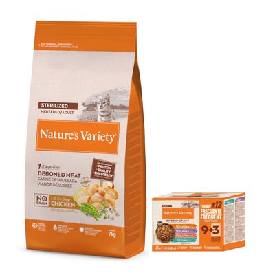 Sac de croquettes Nature’s Variety pour chat stérilisé adulte, 7 kg, viande désossée en ingrédient principal, sans céréales, poulet élevé en liberté, mentions : qualité des protéines, digestibilité.