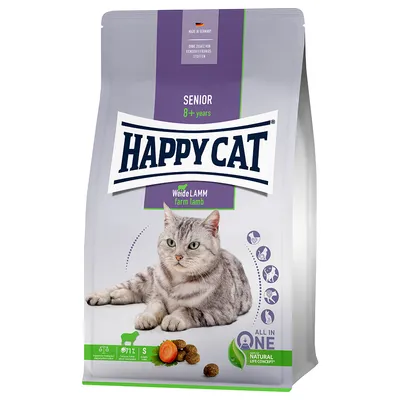 Happy Cat Senior 8+ years Weide Lamm farm lamb tørfoder til kat, billede af grå kat, pilleformet foder, tekst: Made in Germany, uden konserveringsstoffer, Natural Life Concept