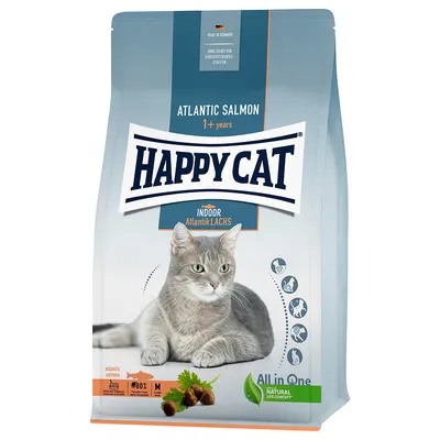 Happy Cat Indoor Atlantik lax, tillverkad i Tyskland, utan tillsatta konserveringsmedel, All in One Natural Life Concept, lämpligt för katter från 1 år.
