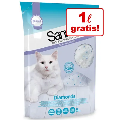Sanicat Silica Gel Litter Diamonds, embalagem de 5L. Super absorvente, controla odores, fácil de cuidar, duradouro. Oferta: 1L grátis.