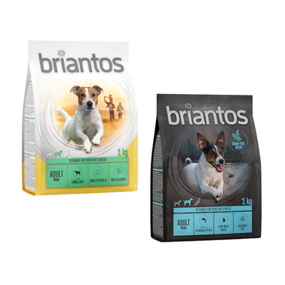 Due confezioni di briantos Adult Duck & Potato 1 kg, visibile scritta arancione 'Provami!', ricetta senza cereali, semi-umido, made in Germany.