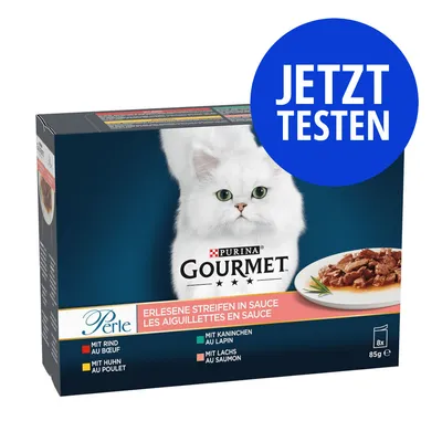 Purina Gourmet Perle, erlesene Streifen in Sauce. Sorten: Rind, Huhn, Kaninchen, Lachs. Packung mit 8x85g. Jetzt testen.