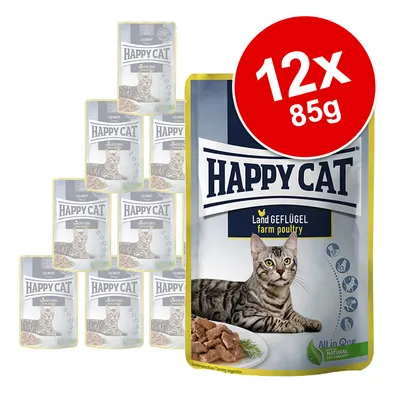 Happy Cat Land Geflügel farm poultry kattemad, 12 x 85 g poser vist. Billede af kat og foderstykker på emballagen. Stor rød cirkel med teksten '12x 85g'.
