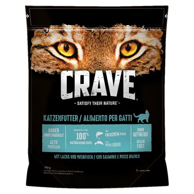 Crave Katzenfutter mit hohem Proteingehalt, hergestellt mit 100% natürlichem Fisch, frischem Fisch, ohne Getreide. Mit Lachs und Weissfisch. Verpackung zeigt Katzenaugen.