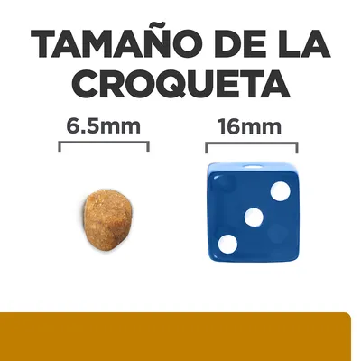 Tamaño de la croqueta: 6,5 mm comparado con un dado azul de 16 mm. Texto visible: 'TAMAÑO DE LA CROQUETA', '6.5 mm', '16 mm'.