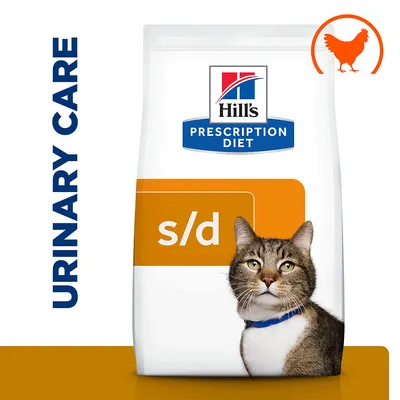 Hill's Prescription Diet s/d urinary care pet food with chicken indicated, showing a cat on the packaging.