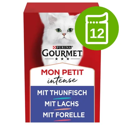 Purina Gourmet Mon Petit Intense, 12 saszetek. MIT THUNFISCH, MIT LACHS, MIT FORELLE widoczne na opakowaniu.