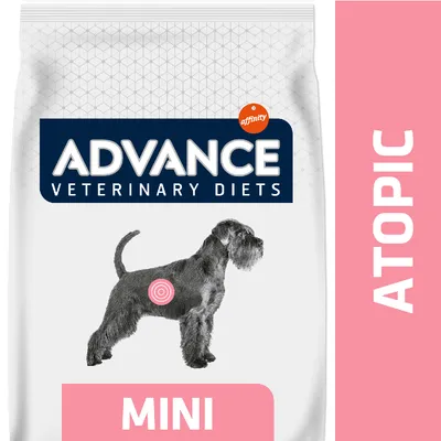 Advance Veterinary Diets affinity, MINI, ATOPIC. Imagen de un perro pequeño con un círculo rosa en el costado.