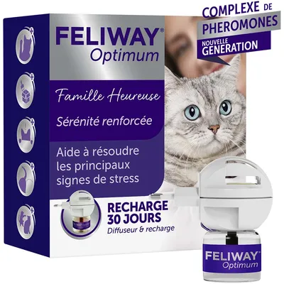FELIWAY Optimum, complexe de phéromones nouvelle génération, recharge 30 jours. Famille Heureuse, sérénité renforcée, aide à résoudre les principaux signes de stress. Diffuseur et recharge visibles.