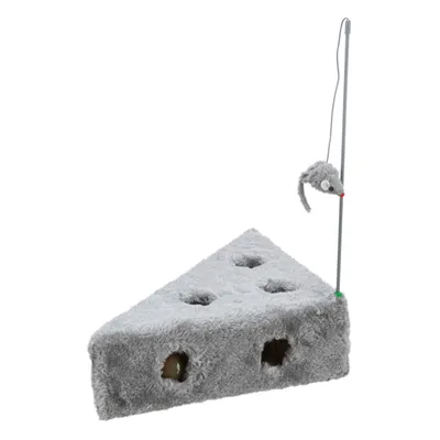 Grey cheese-shaped toy with holes and a hanging mouse on a rod. Interactive design for pets.