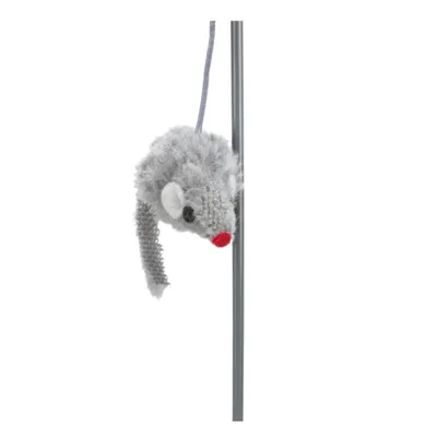 Grey toy in the shape of a mouse with a red nose and white ears, attached to a string.
