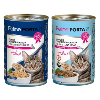 Feline Porta 21, Feines Hühnerfleisch Fine Chicken Meat pur/pure, sans sucres ajoutés, conserve avec photo de chat et bol de viande. Badge Best Seller visible sur l’emballage.