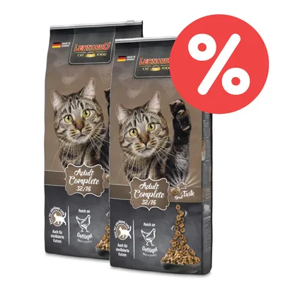 Leonardo Cat Food Adult Complete 32/16, reich an Geflügel, auch für sterilisierte Katzen. Made in Germany. Zwei Packungen mit Rabatt-Symbol.