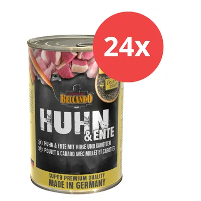 Belcando Huhn & Ente mit Hirse und Karotten, Super Premium Quality, Made in Germany, 24x Dosen. Enthält Chiasaat. Belcando Huhn & Ente mit Hirse und Karotten, Super Premium Quality, Made in Germany, 24x Dosen. Enthält Chiasaat.