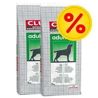 Club Special Performance Adult Hundefutter, 2 x 15 kg Säcke mit gelbem Prozentzeichen für Rabattaktion.