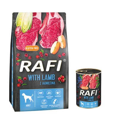 Karma RAFI with lamb z jagnięciną, opakowanie suchej i mokrej karmy dla psa. Widoczne napisy: gluten free, grain free, adult, wypróbuj teraz!